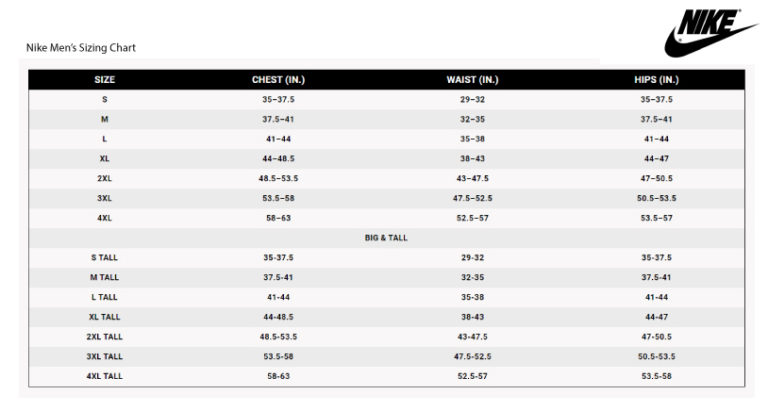Nike® Men’s Sizing Chart – Chardon Storm Spirit Store